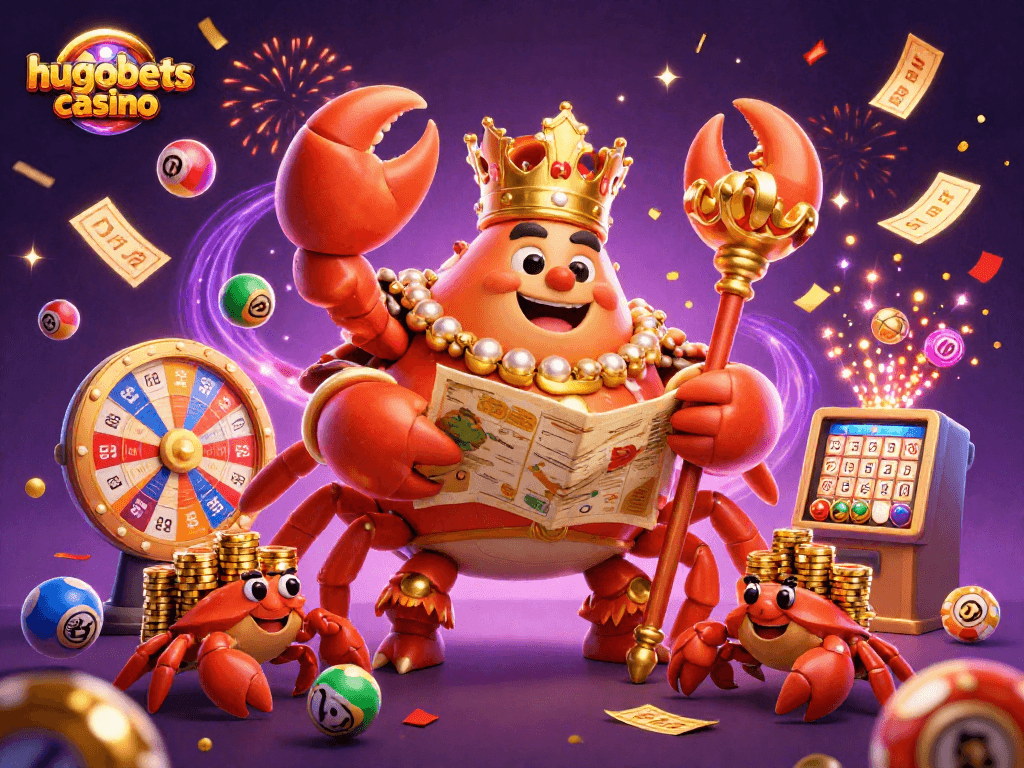 Experience excitement at hugobets casino with a golden crab-themed 3D illustration showcasing vibrant games and prizes.