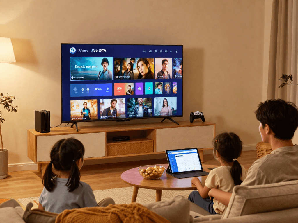 Une famille profitant d'Atlas Pro IPTV sur un téléviseur intelligent dans un salon chaleureux, illustrant un moment de divertissement familial.