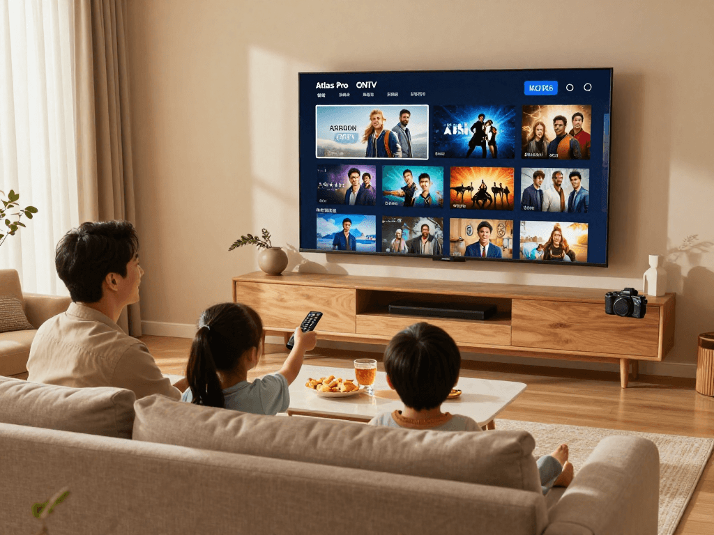Profitez d'Atlas pro avec votre famille regardant la télévision ensemble dans un salon moderne.
