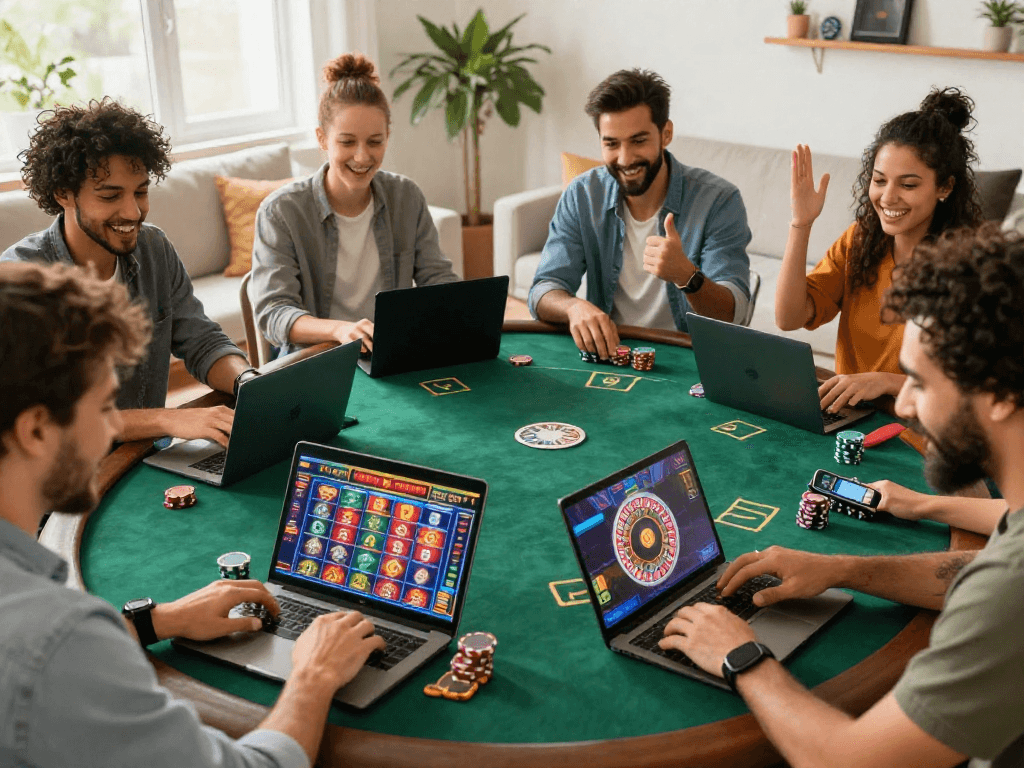Scène de casino en ligne où des amis jouent et s'amusent autour de leurs ordinateurs, illustrant l'ambiance conviviale des jeux en ligne.