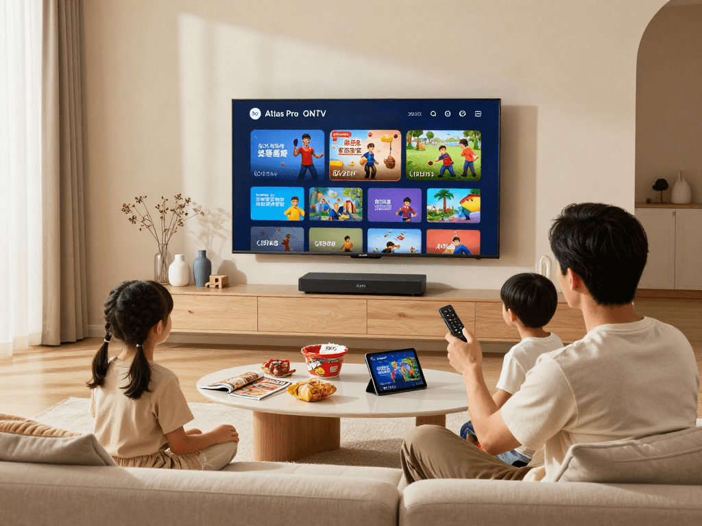 Configuration moderne du dispositif Atlas pro ontv chez soi avec une famille réunie autour d'une télévision à écran plat.