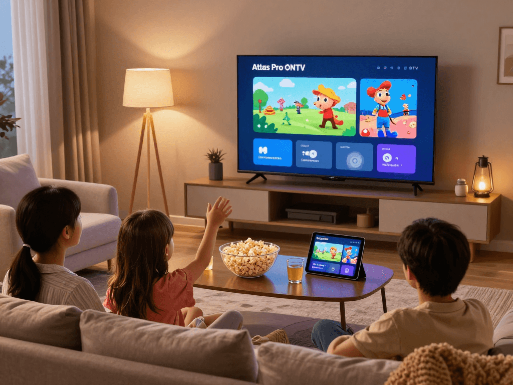 Téléchargement de l'application atlas pro ontv pour une soirée cinéma en famille dans un salon moderne.