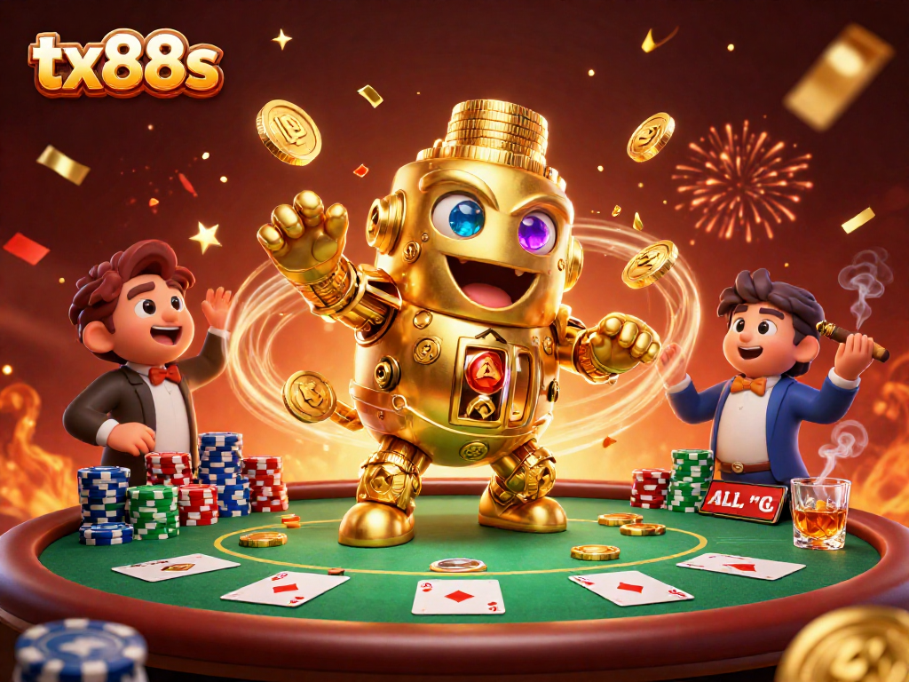 Engage with the thrilling gaming experience at tx88s, featuring a dynamic 3D cartoon illustration of a golden golem amidst vibrant casino elements.