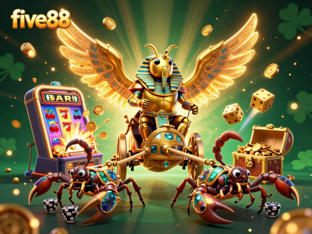 Experience thrilling wins at five88 with stunning 3D illustrations of captivating game elements and a dynamic scene.