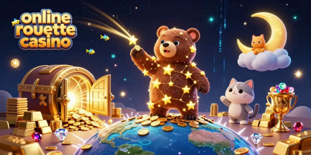 Engage in the thrilling online roulette casino with golden treasure, dynamic 3D characters, and cosmic elements.