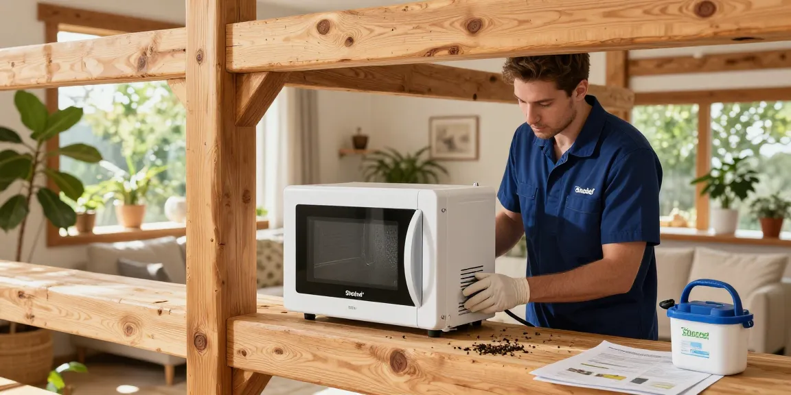 Traitement de bois anti-ver avec Shashel® dans un environnement d'accueil, technicien à l'œuvre.