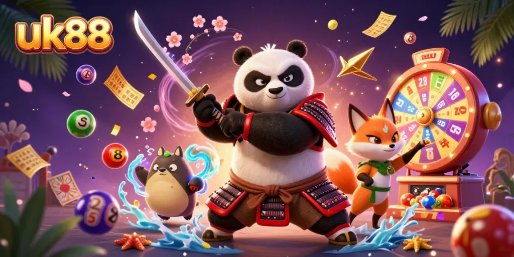 Experience the excitement of uk88 with vibrant casino scenes featuring a samurai panda and ninja fox.
