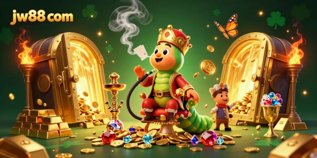 Experience the excitement of jw88 com with a whimsical casino-themed illustration featuring vibrant characters.