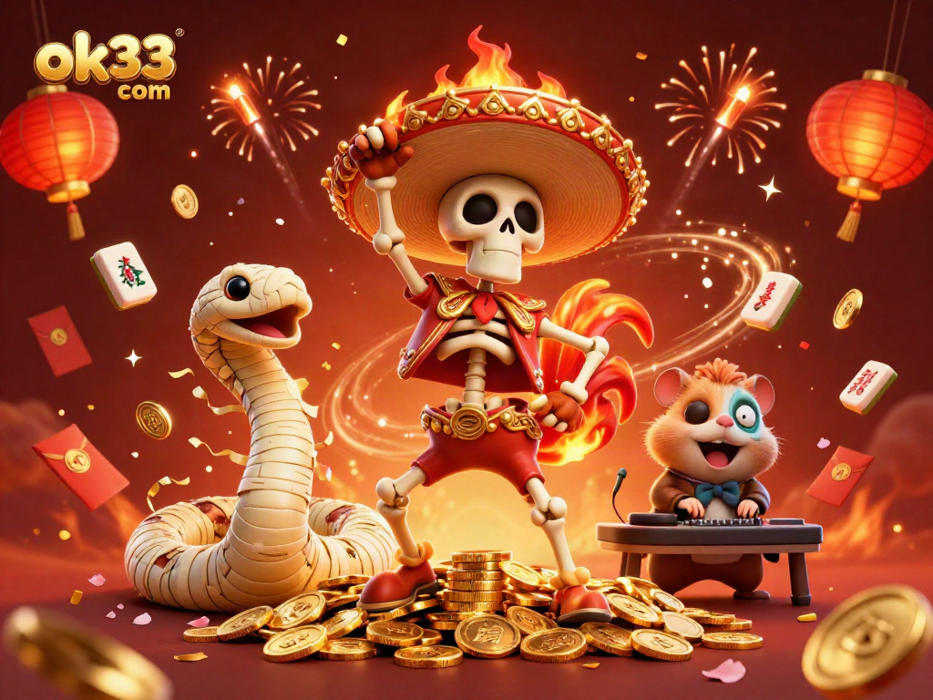 Experience excitement with ok33 com as cartoon characters celebrate gambling wins in vibrant casino scene.
