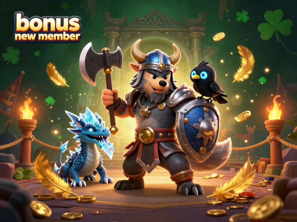 Engaging scene depicting the 'bonus new member' promotion featuring a Viking wolf warrior, dragon, and raven in a vibrant casino-themed setting.