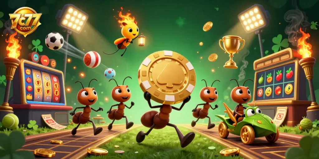Engage with thrilling odds at 7c77 com while animated ants embark on a golden casino heist.