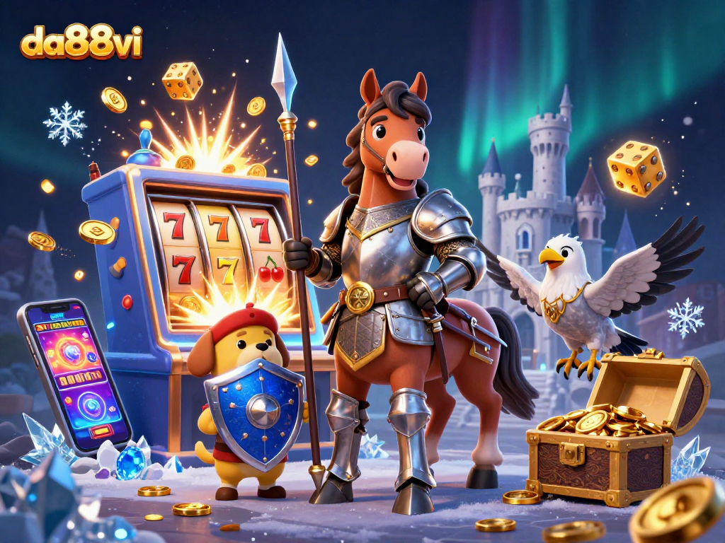 Engage with exciting casino action at da88vi featuring a knight, squire puppy, and a falcon.