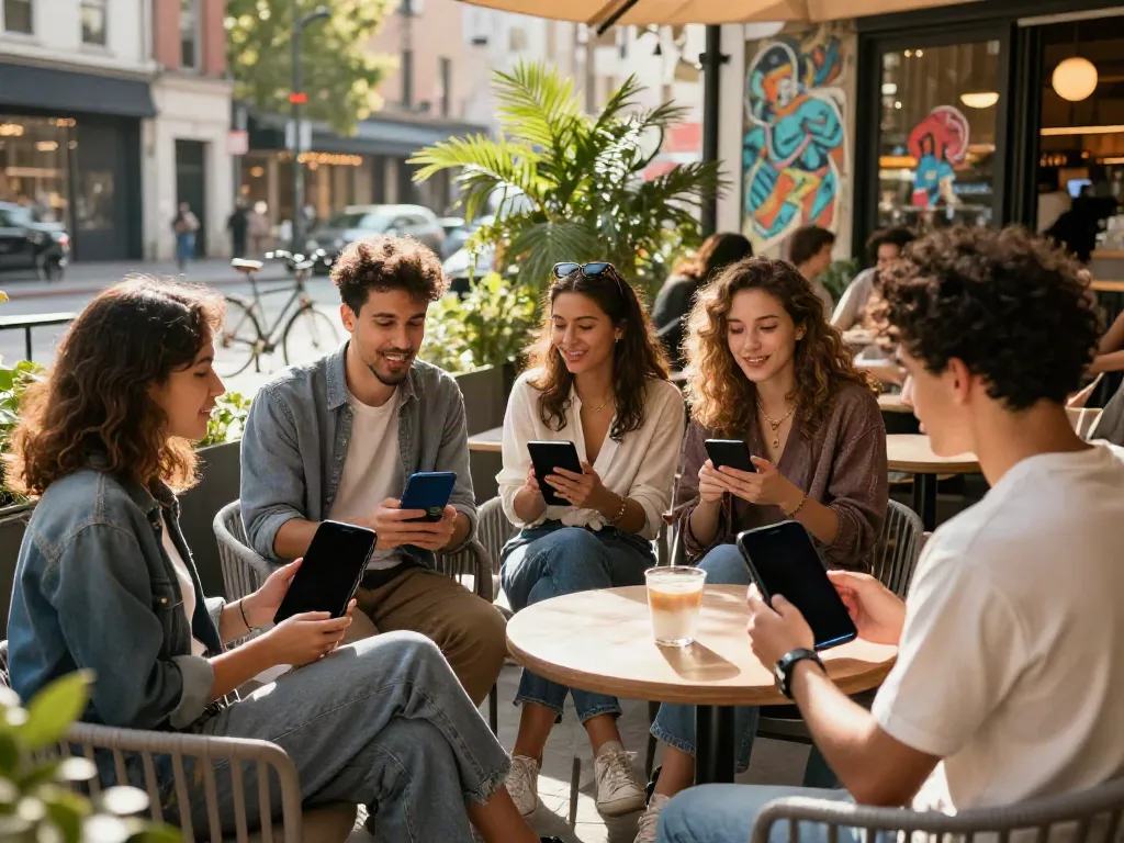 Engaging scene of young adults enjoying outdoor café while exploring free AI slut chat applications on smartphones.