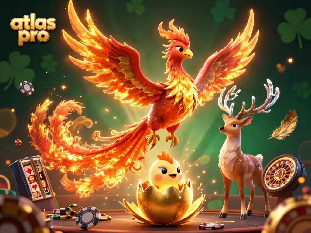 Le modèle atlas pro présente une scène de casino animée avec un phénix et un œuf doré.