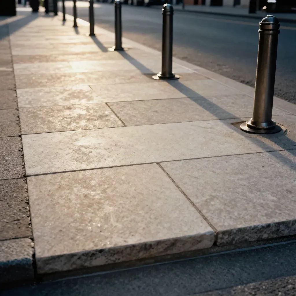 Dalles claires et bornes lumineuses basses, texture du sol et halo urbain apaisé.