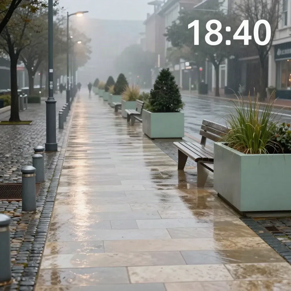 Rue piétonne neuve en pierre mouillée, bornes, bancs et brume au crépuscule.