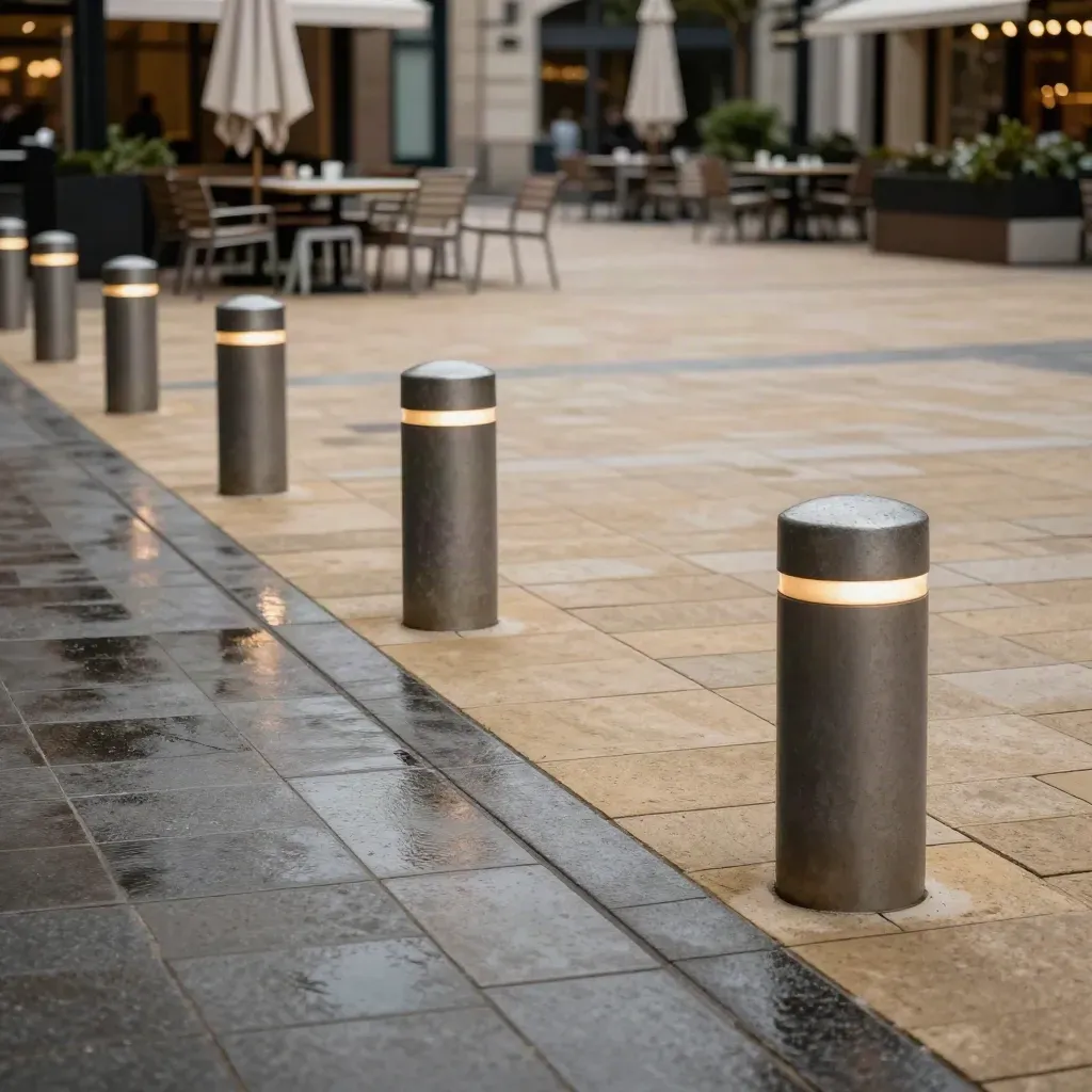 Place piétonne neuve avec pavage sable, bornes et terrasses vides après la pluie.