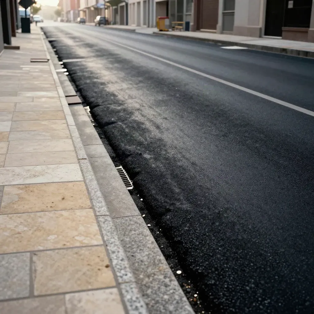 Section de rue refaite : enrobé neuf, trottoirs en pierre et caniveaux alignés sous lumière rasante.