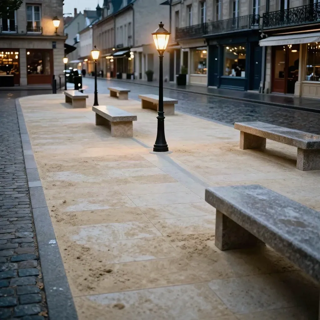 Place de marché rénovée à Rennes, pavés neufs, bancs et candélabres au soir.