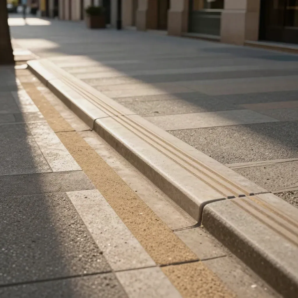 Rampe douce, bordure abaissée et bandes podotactiles dans une rue piétonne contemporaine.