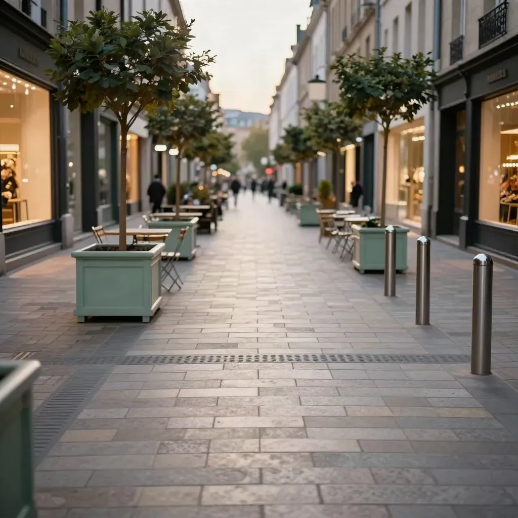 Rue commerçante apaisée à Angers, terrasses vides, pavés neufs et arbres en bacs au crépuscule
