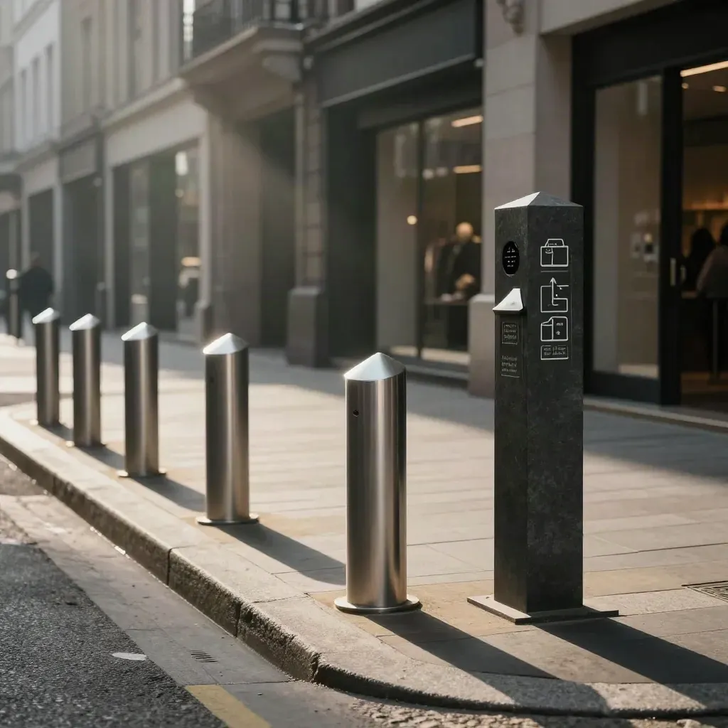 Totem de signalétique urbaine et potelets directionnels dans une rue piétonne, lumière cinématographique.