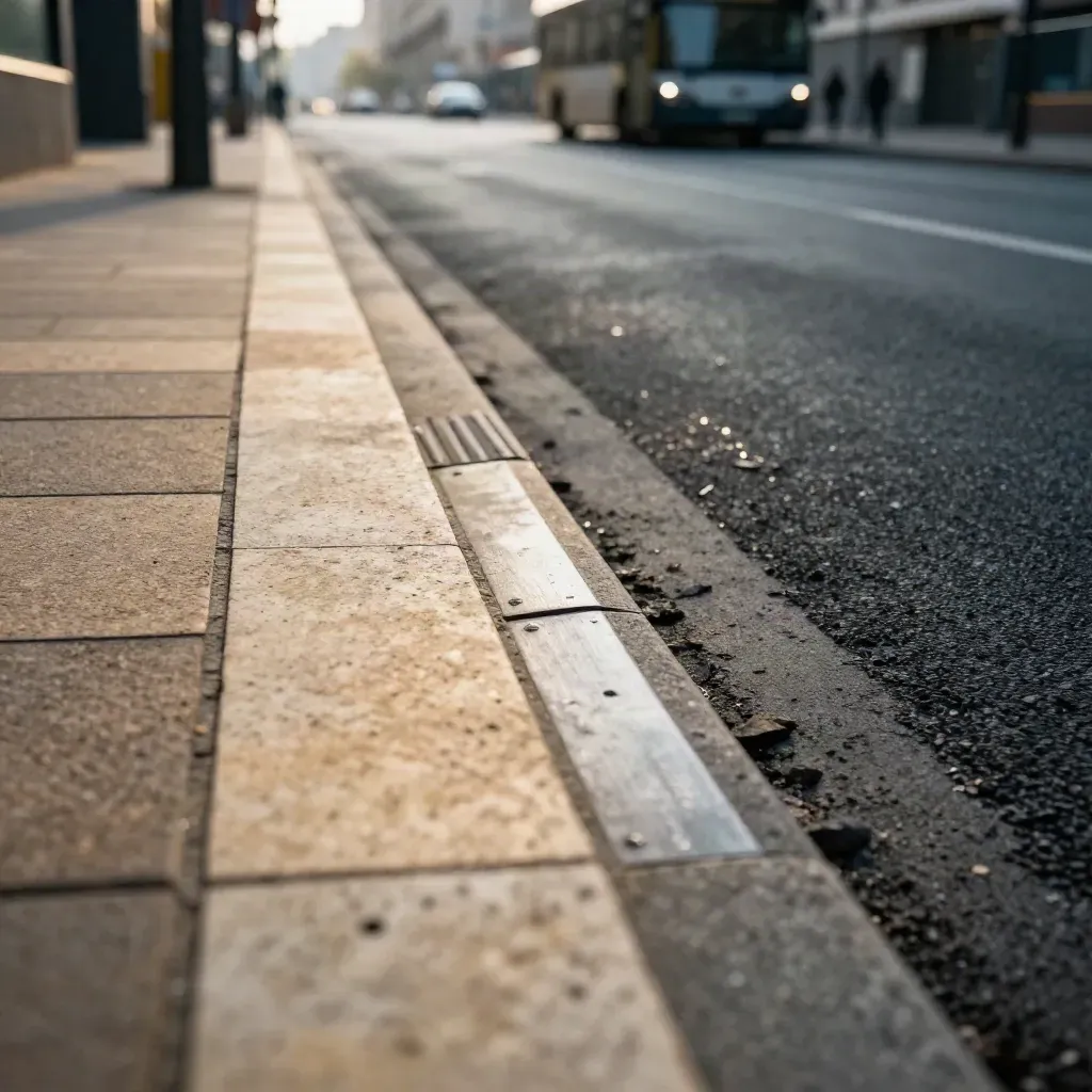Parvis de gare rénové avec pavés, bordures et accès bus séparé, lumière dorée.