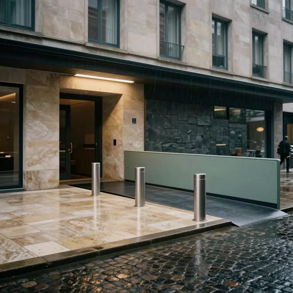 Parvis d’hôtel à Lille, accès piéton séparé, livraisons reléguées, pavés mouillés et pierre claire.