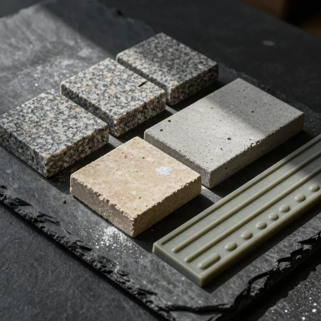 Échantillons de pavage, joints et bandes podotactiles sur ardoise sombre, lumière rasante.