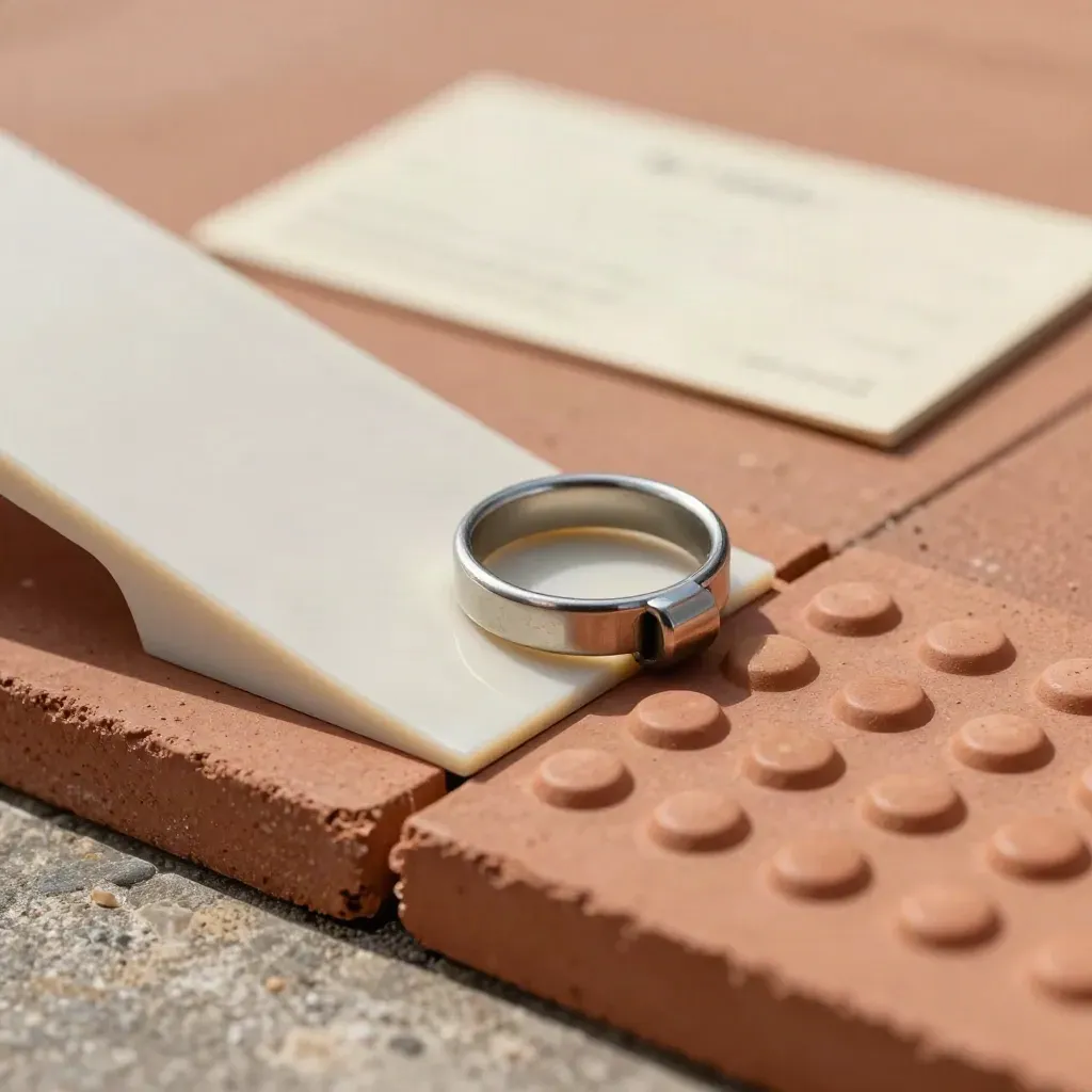 Mini rampe, brique de seuil et module podotactile sur une dalle terracotta, lumière douce.