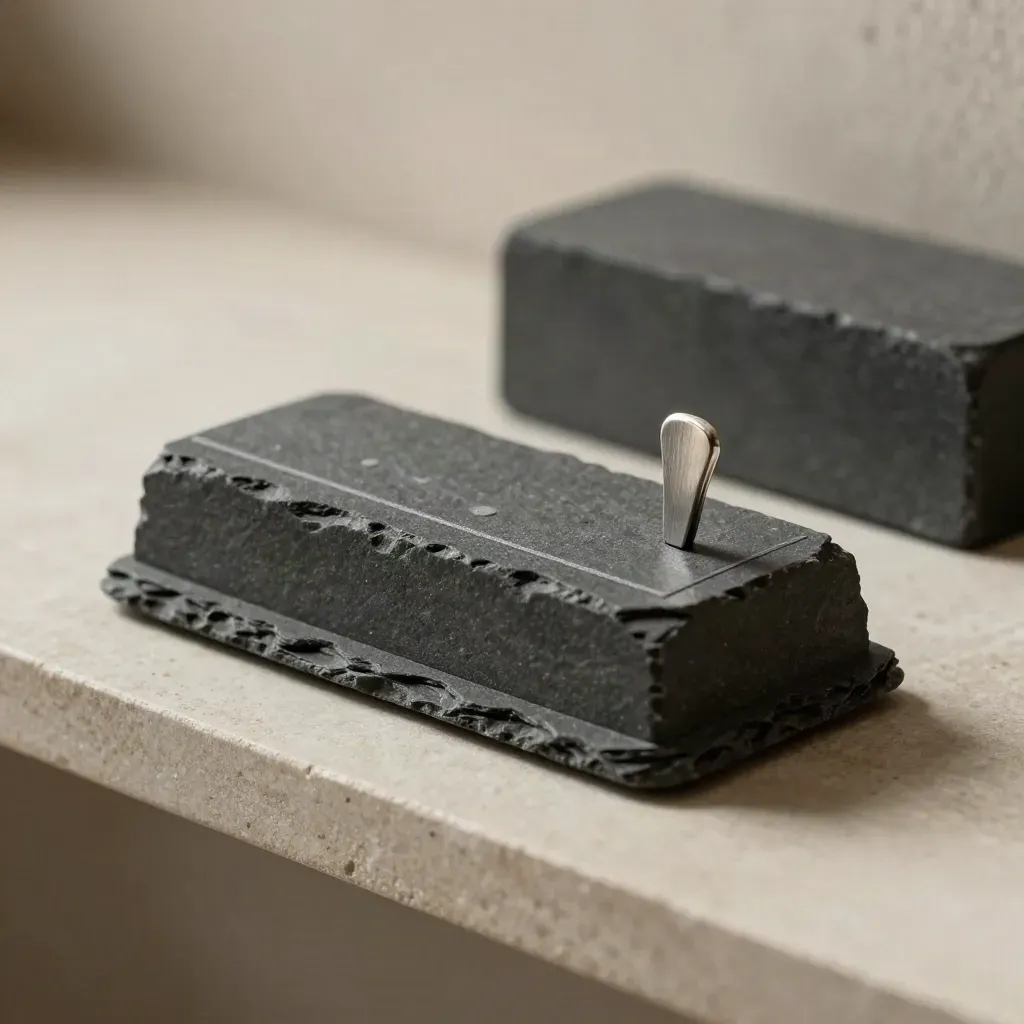 Maquette de quartier en pierre ardoise avec pastilles de circulation sur une étagère en pierre.