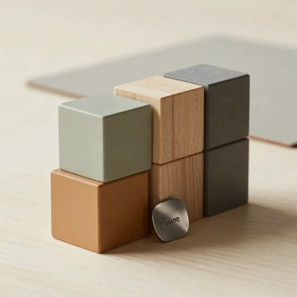 Empilement de blocs de phasage en bois sur surface claire, lumière douce, accent sauge.