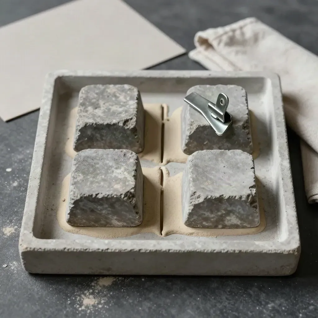 Pièces de bordure, joint d’essai et clip de fixation sur plateau de pierre clair.
