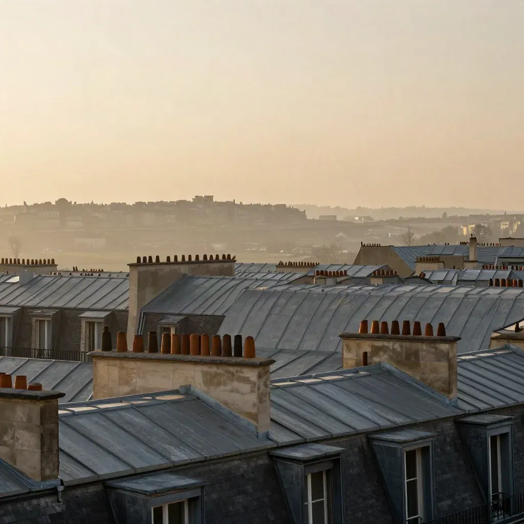 Toits parisiens en zinc et corniches haussmanniennes dans une brume dorée.