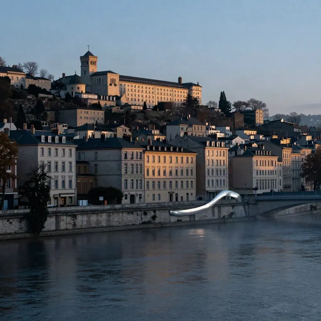 Silhouette de Lyon au crépuscule, collines, façades de pierre et fleuve dans une brume chaude.