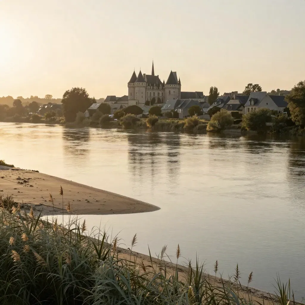 La Loire au couchant, toits d'ardoise et château ligérien noyés dans une brume dorée.