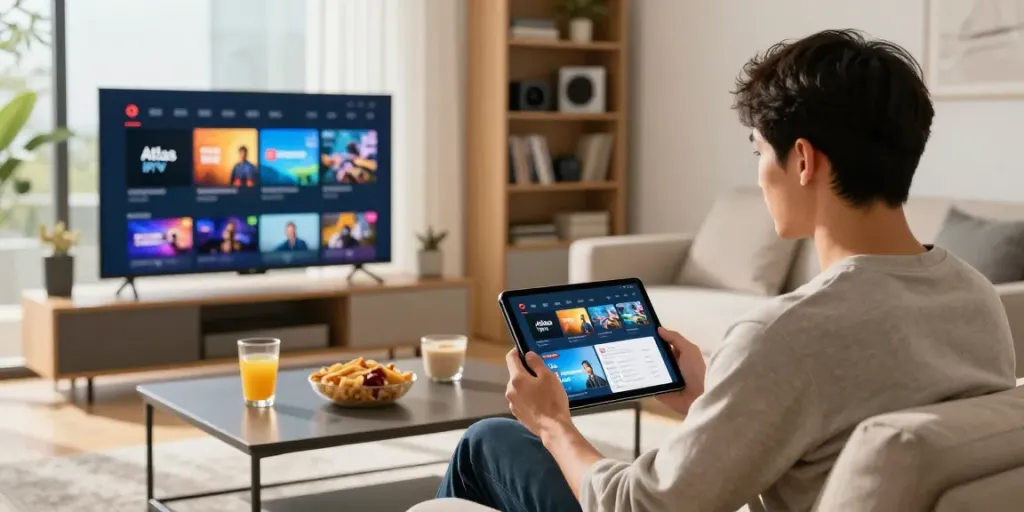 Scène de visionnage avec atlas pro iptv sur tablette dans un salon moderne.