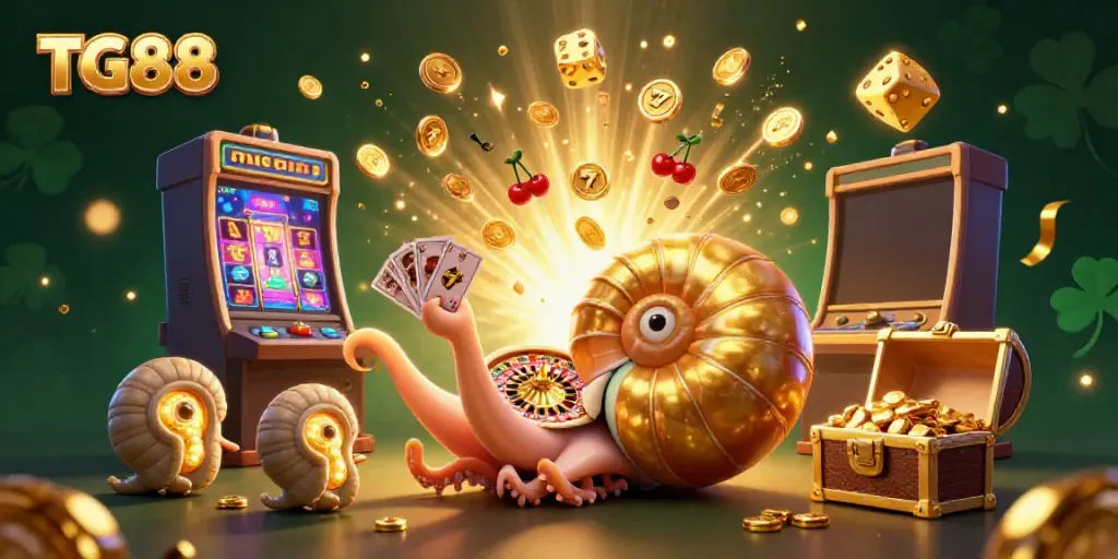 Experience the vibrant gaming universe of TG88 with a giant nautilus roulette and a jackpot explosion, highlighting exciting casino elements.