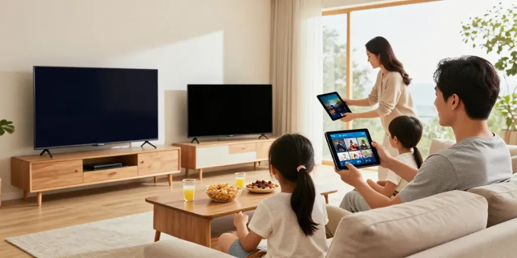 Famille profitant de l'application Atlas Pro dans un salon confortable, streaming de contenu.