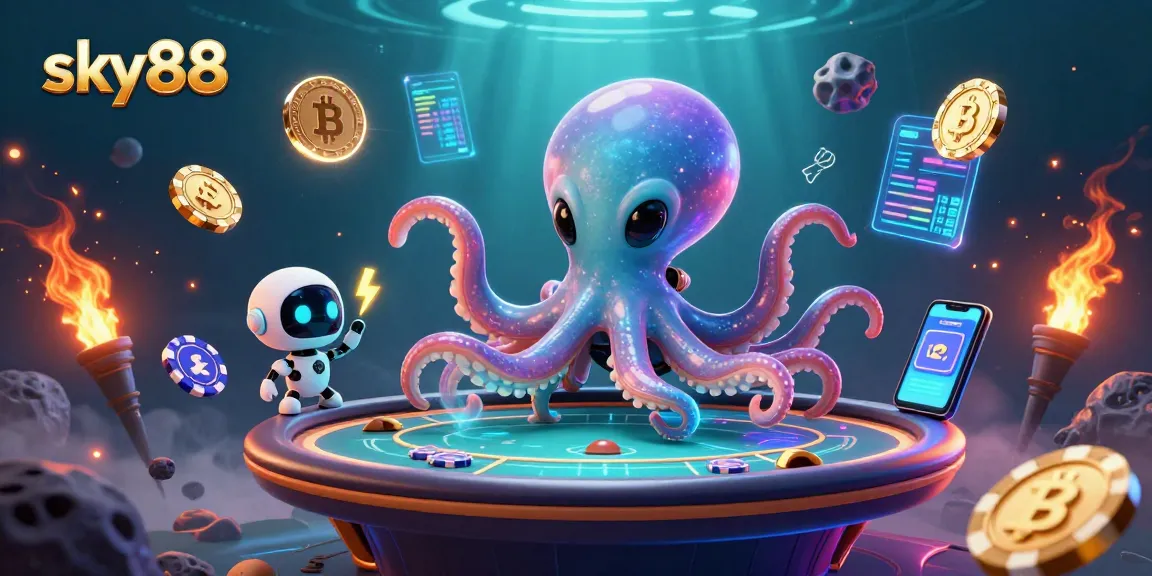 sky88 offers exciting gameplay with an alien octopus and holographic poker amid glowing crypto elements.