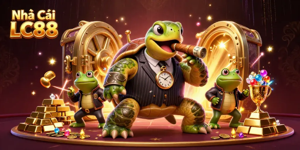 Experience the thrill at Nhà Cái LC88 with vibrant characters in a dynamic casino illustration.