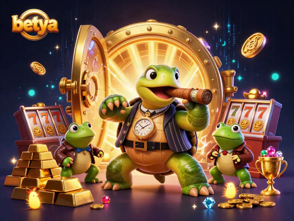 Experience thrilling gaming at Betya with a vibrant casino scene featuring a snapping turtle and bullfrog enforcers.