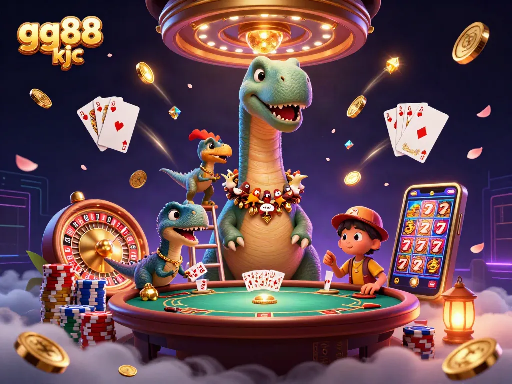 Experience thrilling moments with gg88 kjc as a brontosaurus looks down at a poker table in a vibrant casino scene.